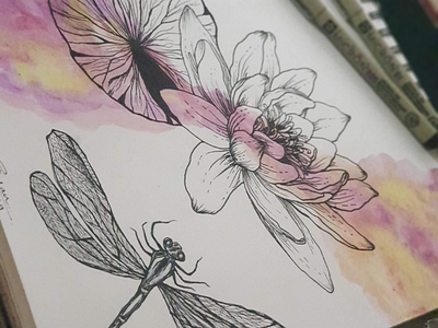 Flower and dragonfly dragonfly flower micron pen paint pens watercolor