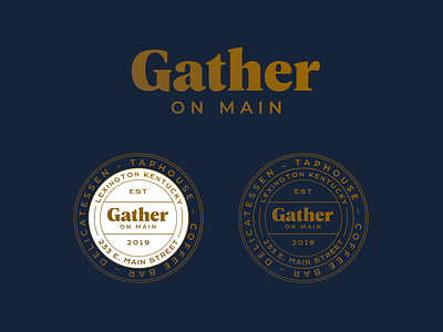 Gather On Main badge blue brand design brand identity branding brewery circle badge coffee coffeehouse deli gold lineart logo monoline taproom