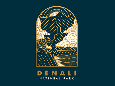 Denali National Park badge badge design badges blue design gold illustration line art travel