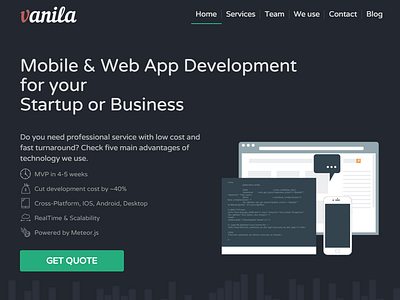 Vanila.io - Mobile App Development animations app development javascript landing page logo lp meteorjs mobile responsive vanila webdesign