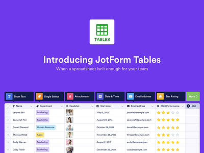 JotForm Tables add column add row banner design calendar cell charts collaboration component data management editing grid modal productivity reports and data spreadsheet table tables team visual report webdesign
