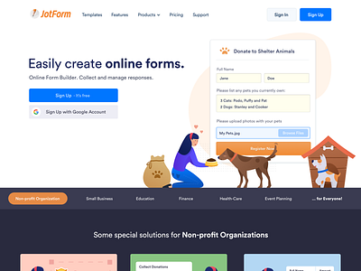 Landing Page / Donation animal care app attachments blog categories customize forms design dogs donation editorial form help homepage homepage design illustration industries landing love small business support