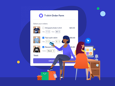 Online Shopping component credit card desk editorial girls homepage homepage design illustration jotform landing online payment online shopping quantitiy sale products secure payment shopping bags workspace