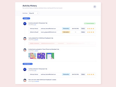Concept Design - Activity History activity activity feed activity history calendar collaboration data data visulization entry filter history lists modal design notification center notifications revision tasks ui users version version control