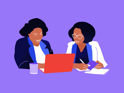 Two Woman While Looking On Laptop Computer business business agency drawing drawing challenge flat design girl illustration illustraiton illustraor illustration laptops office office design office illustrations partnership pen presentation strategy teamwork ui ux woman illustration women in illustration working space working women workspace