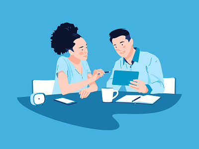 Young Man And Woman Discussing Work in office book business colleagues cup of tea discussing girl illustration illustration illustration agency illustration art illustrations mobile office design office meeting pen tab tablet pc webillustration woman illustration