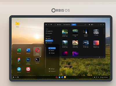 Orbis OS: the operating system concept concept dark mode dark theme design desktop figma flat interface laptop linux minimal operting system os ui user experience user interface ux vector windows