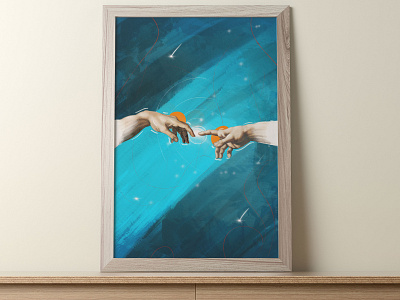 Adam and God's hand catalog frame hand illustration