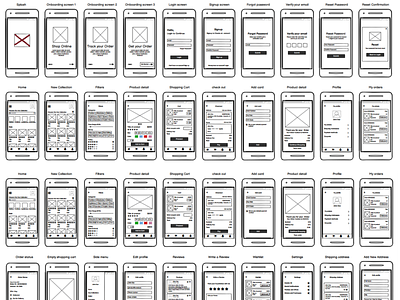 Ecommerce App low fidelity wireframes
