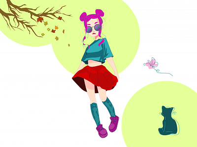 The Wind branch butterfly cat color design girl illustration leaves shot ui vector wind