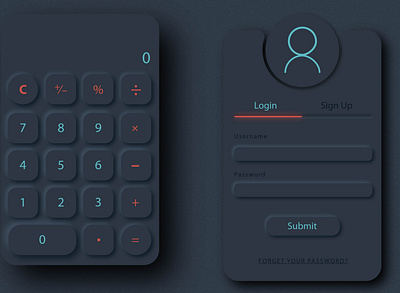 Neomorphic Login & Calculator Page adobe illustrator app calculator ui design icon illustration interaction design login screen neomorphic button neomorphism ui