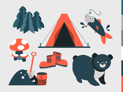 Forest fishing camping color combination design digital fishing flat food forest animals forest logo graphic design gray icon icons illustration minimalistic red simple ui vector vectors