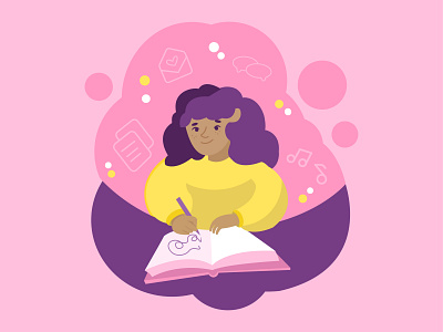 Journaling meditation art charachter design character color palette diary doodling drawing female character flat health hobby illustration journaling meditation mindfulness pink relaxation vector web art young girl