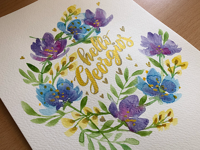 Watercolor and gold birth card gold lettering paper watercolor