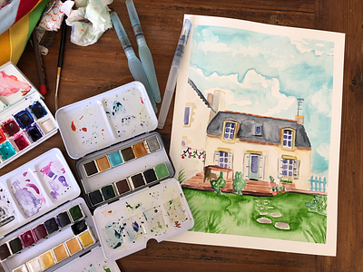 Cute house watercolor house vacation