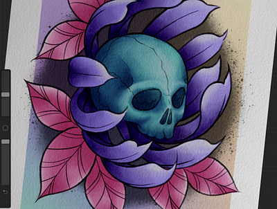 Skull flower art artwork design digital digitalart illustration pink procreate purple skull tattoo tattooart tattoodesign teal