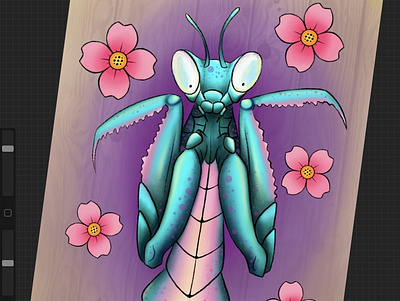 Jade mantis art blossom design floral flower illustration insect jade jademantis mantis neotraditional pink pinkblossom prayingmantis procreate tattoo tattooart tattoodesign teal woodgrain