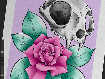 Prompt doodle art black black white design floral flower illustration neotraditional pink rose skull tattoo tattooart tattoodesign teal