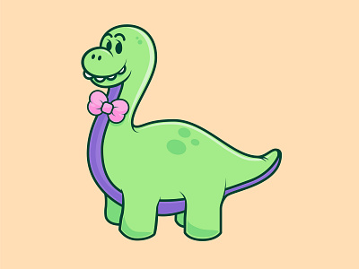 Polite Dinosaur bowtie cartoon custom dino dinosaur doodle green icon illustration long neck dinosaur peach pink purple smiling vector
