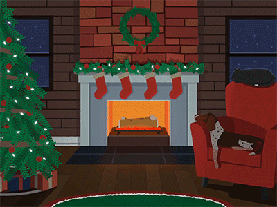 Yule Log animation cabin cat christmas christmas tree dog fireplace garland motion graphics night ottawa yule log
