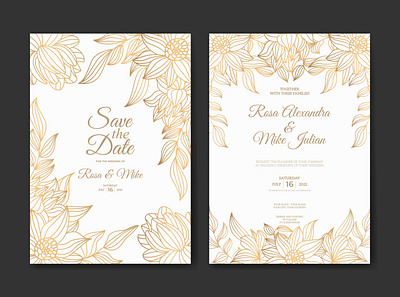 Wedding invitation template with gold outline flower hand drawn beauty