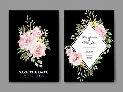 Rose pink flower watercolor wedding invitation template