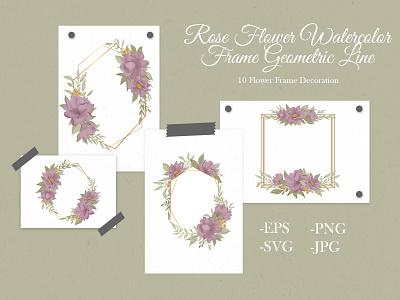 Rose Flower Watercolor Frame With Gold Geometric Line