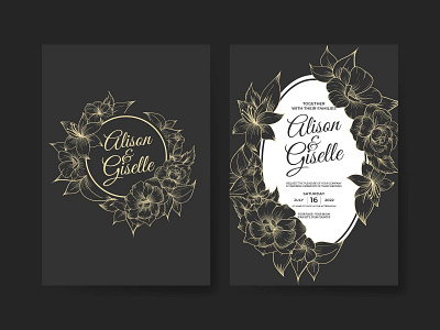 luxury wedding invitation template with outline flower line