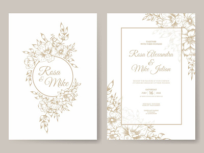 elegant wedding invitation template with gold outline flower outline