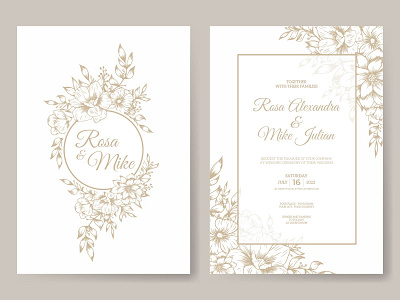 elegant wedding invitation template with gold outline flower