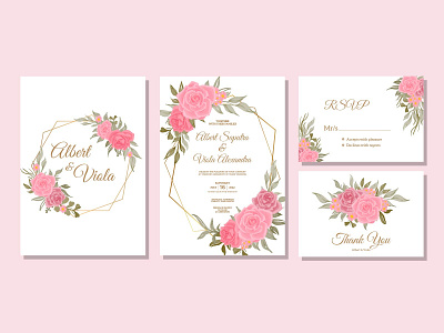 beautiful pink rose flower warecolor wedding invitation template