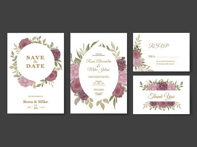 wedding invitation template with rose purple flower watercolor bouquet floral