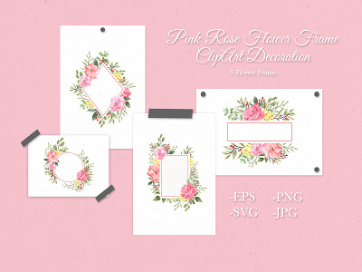 Pink rose flower frame clipart decoration nature set