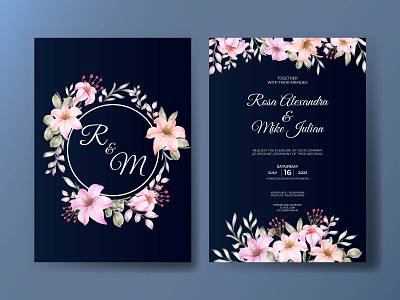 Elegant pink rose floral wedding invitation template greeting watercolor
