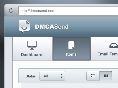 DMCASend Sneak Peek #1: Navigation blue button clean dmcasend grey gui icons modern navigation select ui ux web