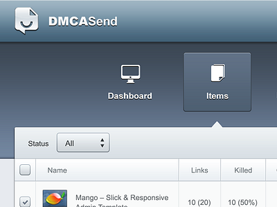DMCASend: Basic Layout blue button clean dmcasend grey gui icons modern navigation select table ui ux web