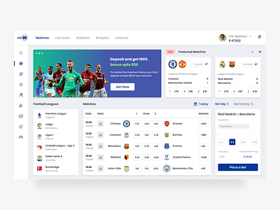 Betting Dashboard banner bet slip betta betting bonus dashboad design football games live score lose luck matches money notifications ui web web design win