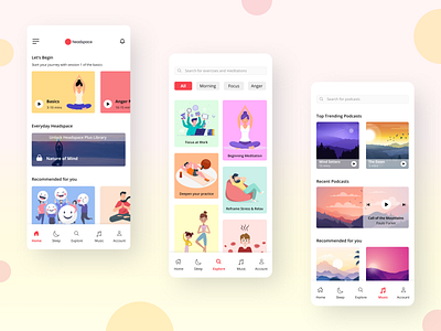 Meditation App application calm design exercise gradient illustration ios meditation mindfulness mobile peace podcasts relax soothing ui ux vector