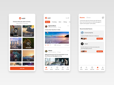 Reddit App Redesign app application categories chat community design home mobile reddit redesign social network tab bar ui ux