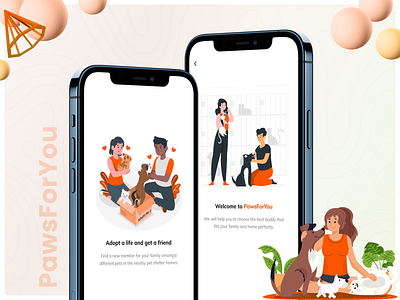PawsForYou - Pet Adoption App Onboarding Screens adoption app application cats design dogs illustration ios mobile onboarding pet pets ui ux