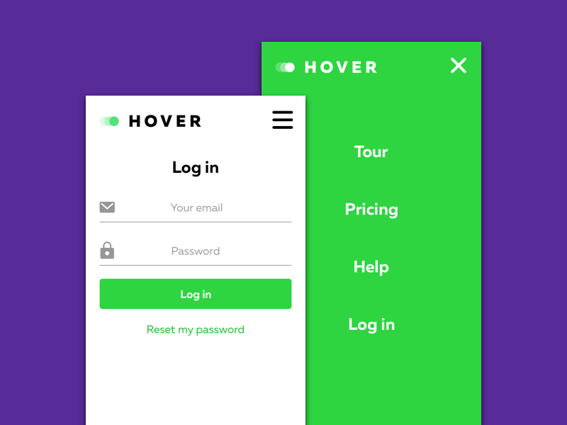 Mobile view of HOVER login & menu page responsive mobile hover