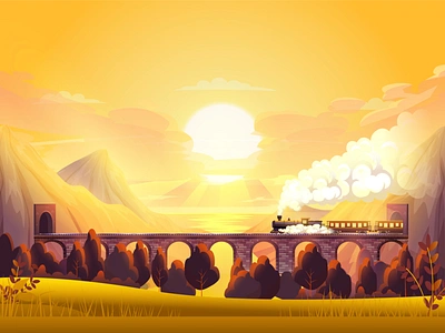 Through the mountains | Illustration 2d art at sunset bridge colorfull digital art digitalart digitalartwork illustration illustration art landscape art locomotive mountain scape mountains railway sunset train vector vector art vector illustration