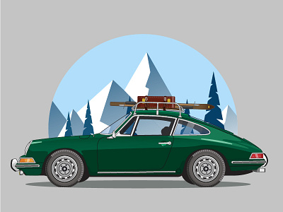 901 - Chalet 911 911 auto car green illustration landscape mountain porsche skis vector