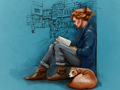 reading book to the dog art for sale artwork book cover book illustration concept art digitalpainting drawing illustration painter painting portrait sketch