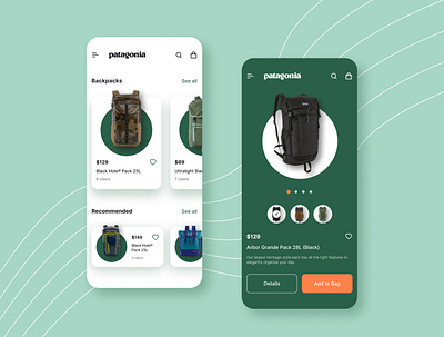 Patagonia App Redesign app backpack clean daily ui dailyui figma flat green light mobile mobile app orange photoshop product ui web design