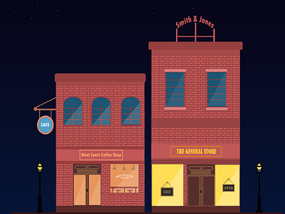 The Breathing Town. architecture building cafe city coffee illustration mall minimal minimalism night restaurant sky stars town typo