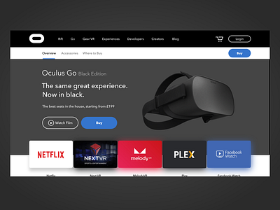 Oculus Go - Black Edition adobe xd black dark design ecommerce facebook flat minimal netflix oculus oculus go product product page redesign sales sales page shop ui vr
