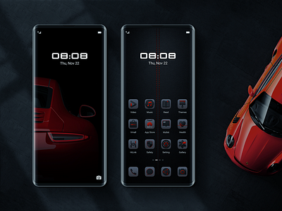 Porsche Mobile Phone Theme Design app camera car carbon fiber desktop dial gallery health icon lock screen music read safety setting store ux video wallet