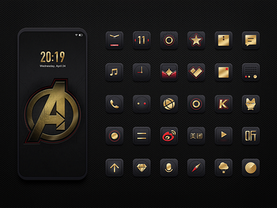 Avengers Mobile Theme Design app browser calculator camera compass file gem icon iron man music radio recorder sms store ui upgrade ux video voice weibo