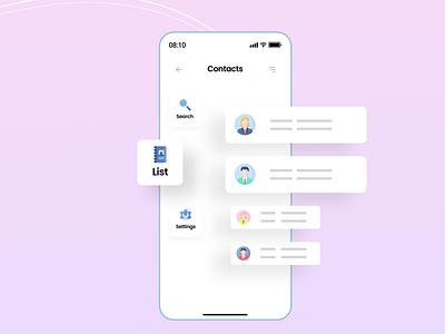 CONTACT LIST app branding cards clean colors concept contact contactlist dailyui figma flat list new shadows trending typogaphy ui uiux ux vector